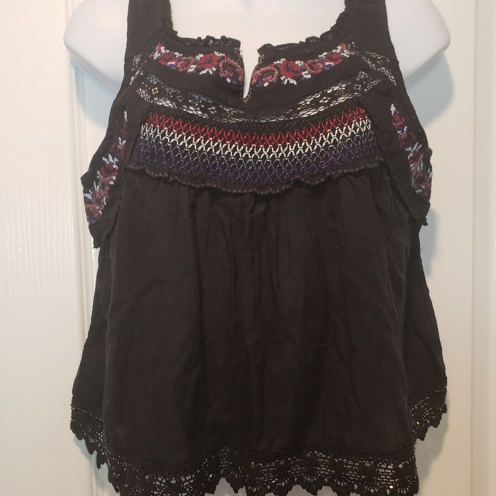 Free People Black Embroidered CropTank Top - S